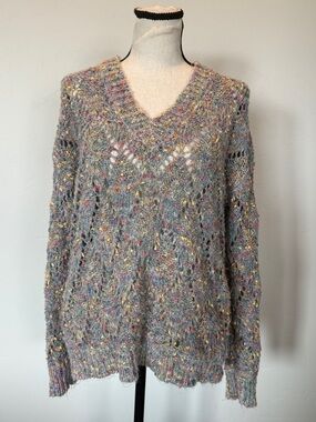 How Very Loved Small Confetti Knit Sweater Cozy V Neck Chunky Cottagecore